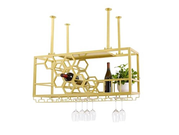 Hängendes Weinregal Deckenmontage 2-stufig Eisen Platzsparend für Bar Zweistufige Wabenstruktur – schützendes Geländer verhindert das Wegrollen der Flaschen