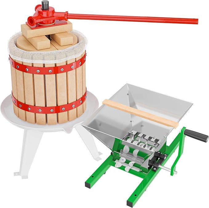 Set 12L Obstpresse aus Buchenholz inkl. Presstuch und Obstmühle mit 7L Trichter, Zur Herstellung von Saft Wein und Maische