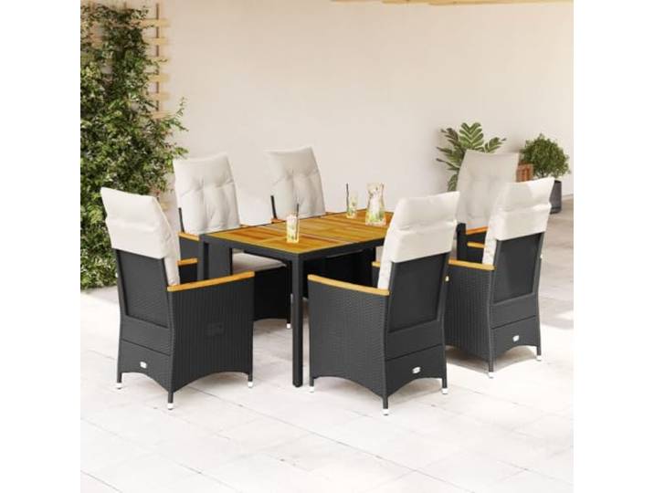 HEFZGDB 7-TLG. Garten-Essgruppe mit Kissen Schwarz Poly Rattan, Outdoor Esstischgruppe mit verstellbaren Sesseln und Akazienholz Tischplatte, pflegeleichtes PE Rattan Set