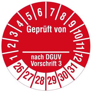 Böttcher-AG Prüfplaketten DGUV Vo3, Geprüft von, 2026-2031, rot, Ø 30 mm, 1.000 Stück