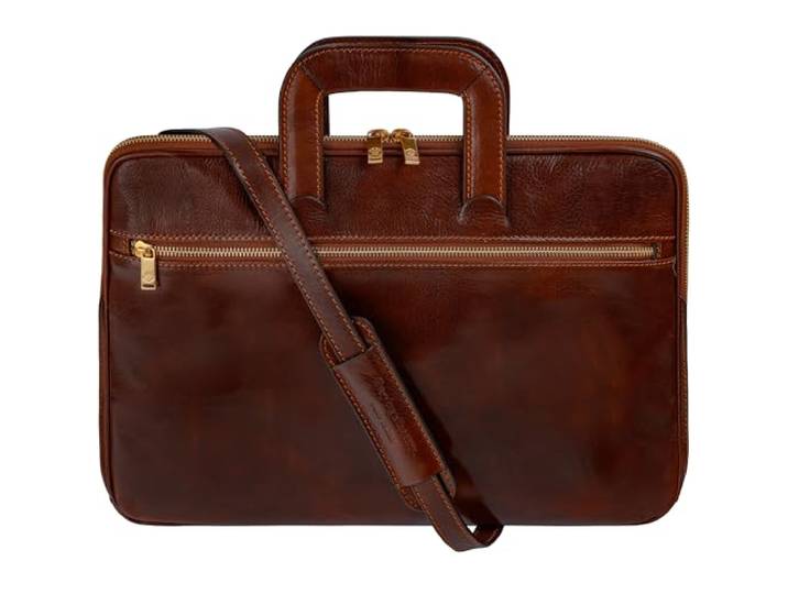 Time Resistance Slanke Leren Aktetas - Italiaanse Handgemaakte Leren Computertas - Laptoptas (Bruin)