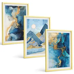 BILDER SET 3er Set - 40x60 cm Goldrahmen - Abstrakte Muster der Blue Mountains