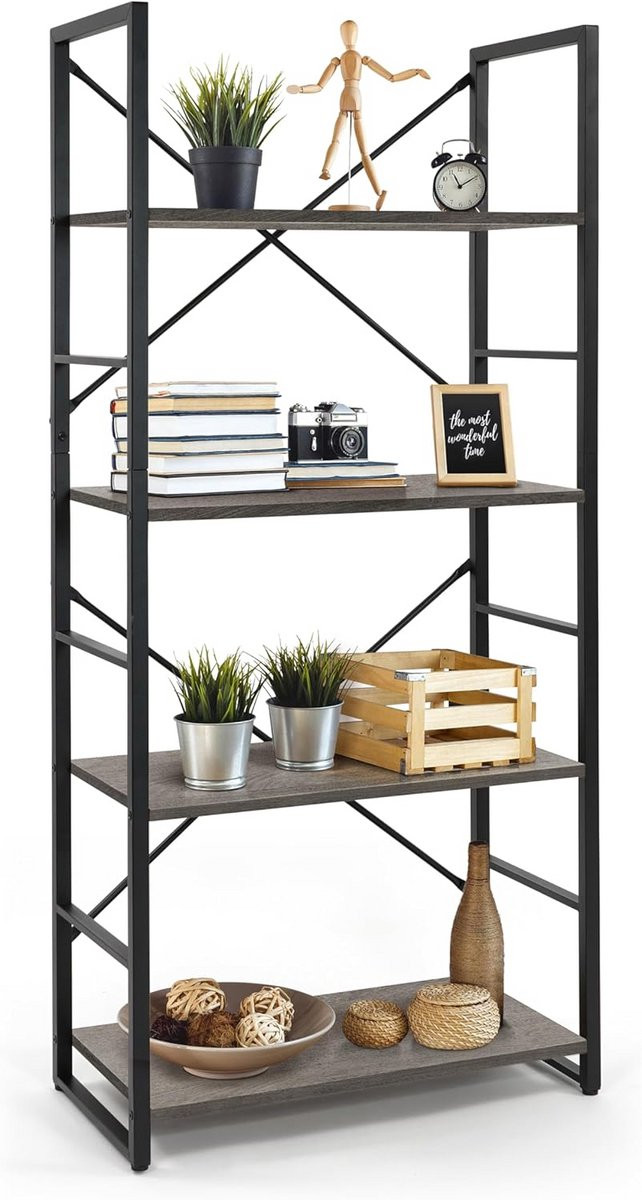Industriële Boekenplank met 4 Niveaus - Vrijstaande Kast voor Woonkamer, Kantoor of Keuken - Donkergrijs