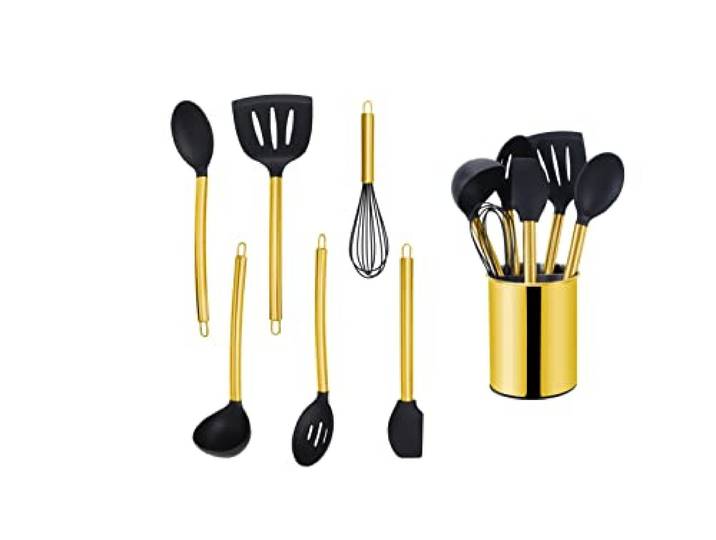 ECHTWERK Küchenuntensilien,7-teiliges Küchenhelfer-Set,Küchenzubehör,Kochbesteck mit Edelstahlgriff,Kochset Utensilienhalter,Kochzubehör,Antihaft Silikon Haushaltshelfer,Gold-Edition