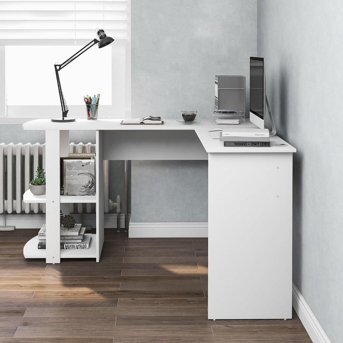 Wit L-vormig Hoekbureau met Opbergplanken - Breedte: 140 cm