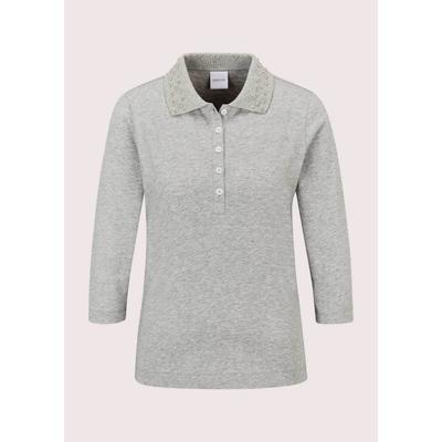 3/4-Arm-Shirt MADELEINE "Shirt Poloshirt mit Zierstein-Kragen", Damen, Gr. 40, steingrau, melange, Shirts 3/4-Arm-Shirt