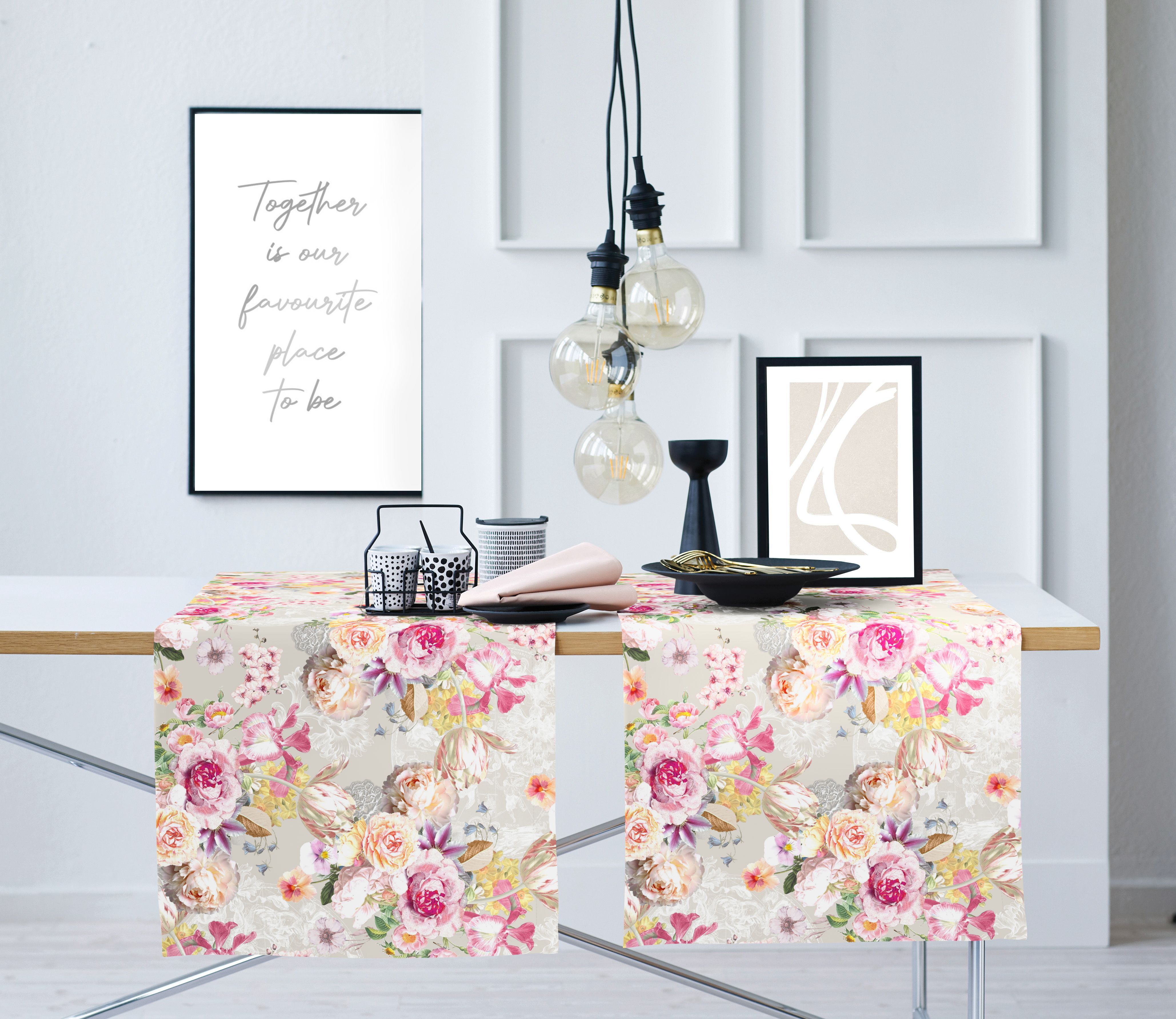 Tischläufer APELT "5451, Blumenmotive, stilvoll", rosa (rosé), B:140cm L:48cm, Baumwolle, Polyester, Tischdecken, Tischläufer, Zeitloses Motiv. stilvolle Tischgestaltung, Dekoration rosé B/L: 140cm x 48cm, 1 Stk., rechteckig