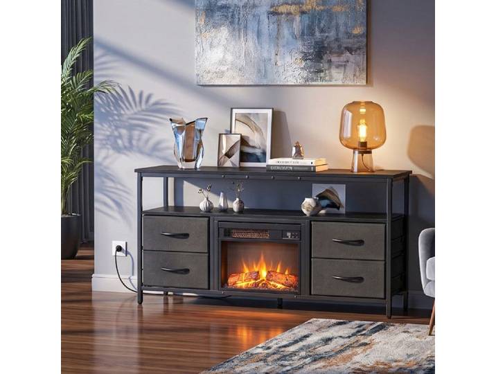 Meuble TV avec Cheminee Electrique 750W 14  17℃ - 28℃ Réglable 4 tiroirs Minuterie 6H Longueur 102cm Noir