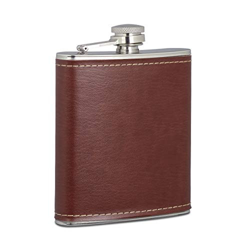 Relaxdays Heupfles van RVS met Kunstleer, Zilver/Bruin, 200 ml