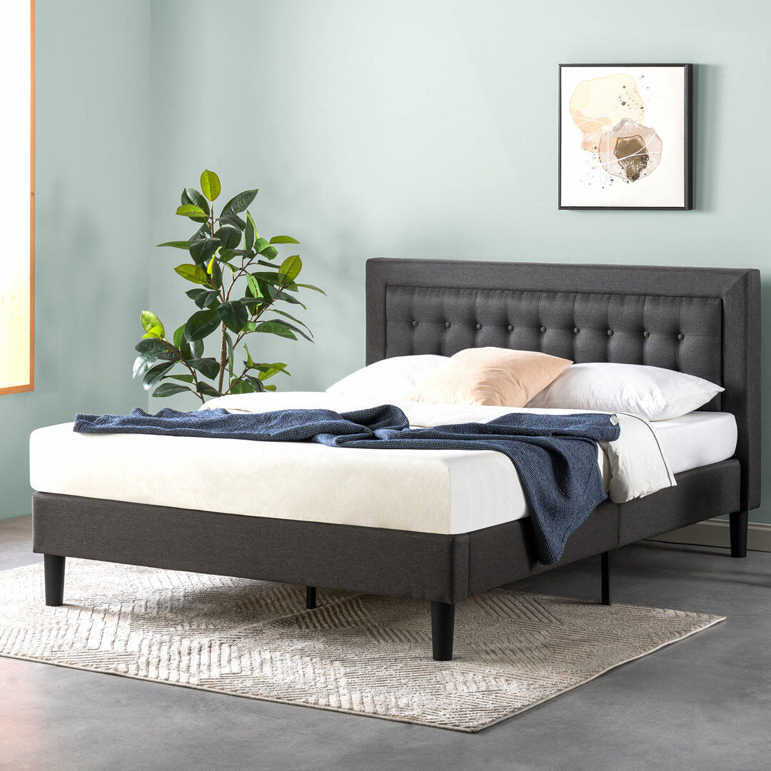 Three Posts Allenwood Upholstered Bed Frame with Button Tufted Headboard Gray Double (4'6)