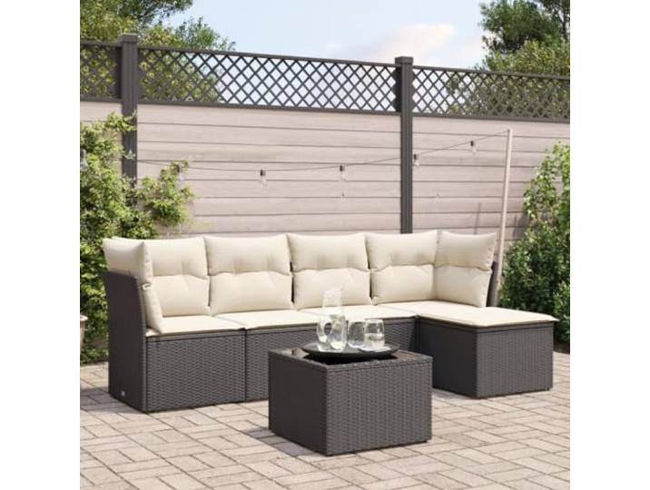 ZQQLVOO 6-TLG. Poly Rattan Sofagarnitur Schwarz Mit Kissen Abnehmbare Waschbare Bezuege, Hartglastisch, Modulares Design, Witterungsbestaendig