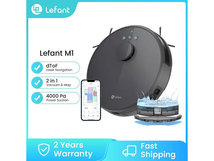 Lefant M1 Robot Aspirateur et Serpillière 5500Pa Navigation LiDAR 200 Min Autonomie Zone Interdite App Alexa Google Home Contrôle 2 en 1 Aspirer Frotter Sol Dur Moquette Poils Animaux