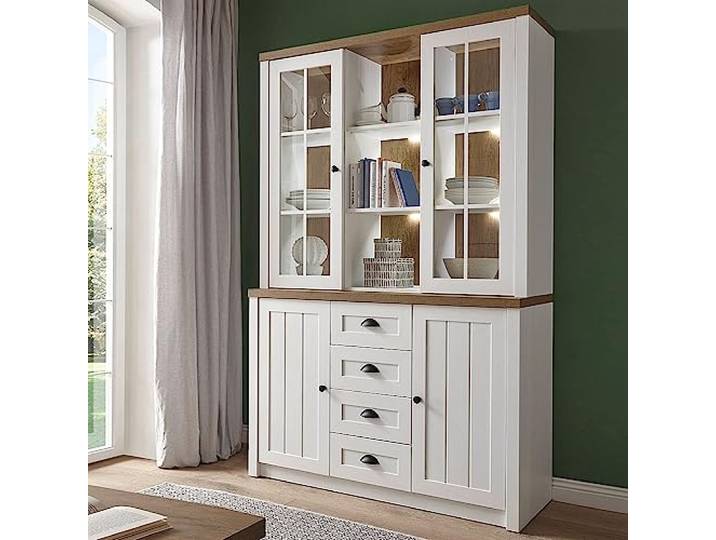 Lomadox Landhaus Buffetschrank Küchenbuffet Vitrinenschrank in Pine weiß mit Eiche hell, inkl. Beleuchtung