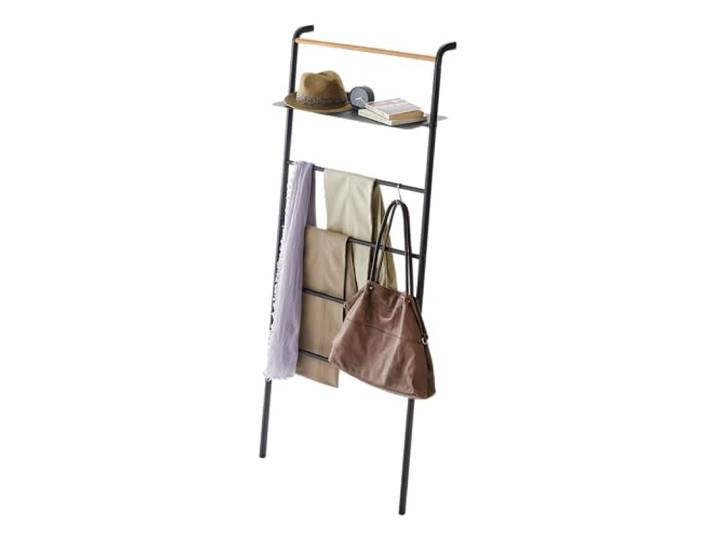 YAMAZAKI 3872 Tower Leaning Ladder Hanger with Shelf, Black, Steel/Wood, 66 x 3038 x 160 cm