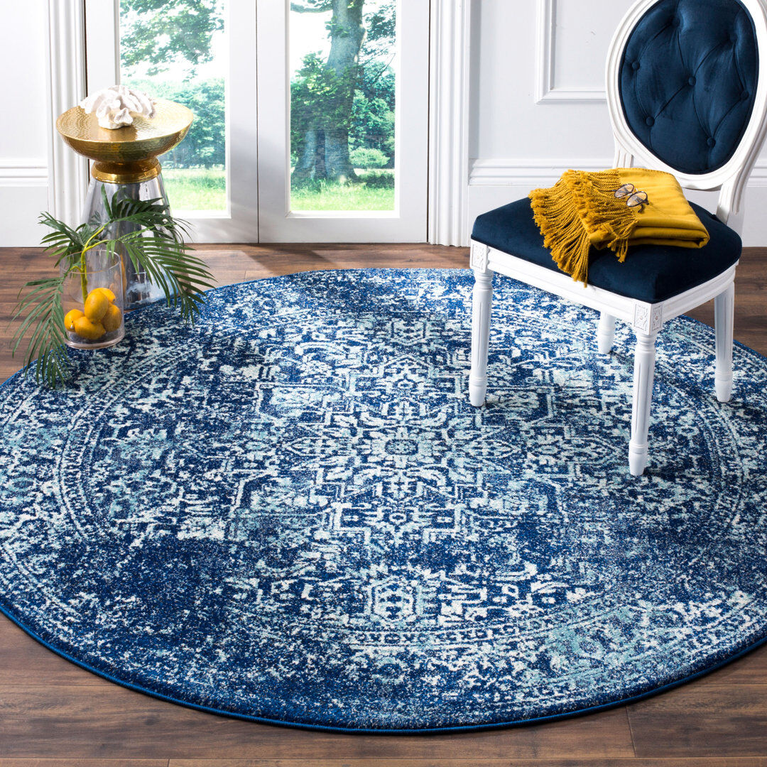 Blue Elephant Oriental Area Rug Ivory/Navy Round 160 cm