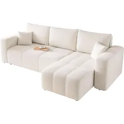 ECKSOFA Creme Velours mit Bettkasten und Schlaffunktion