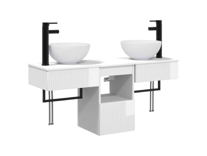 PUGYNBK Badmöbel-Set, 3-teilig, weiß glänzend Feuchtigkeitsbeständiges behandeltes Holz, Doppelwaschbecken mit Armaturen, geräumiger Schrank, modernes Design