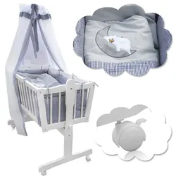 Baby Wiege Kinder Bett Stubenwagen Beistellbett + 9 tlg. Zubehör Weiß Grau