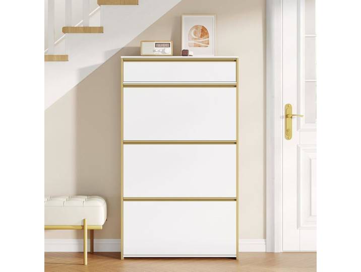 Meuble à Chaussures Étroit avec 3 Battants Étagère à Chaussures avec Tiroir Meuble à Chaussure Séparateur Réglables Blanc-Or
