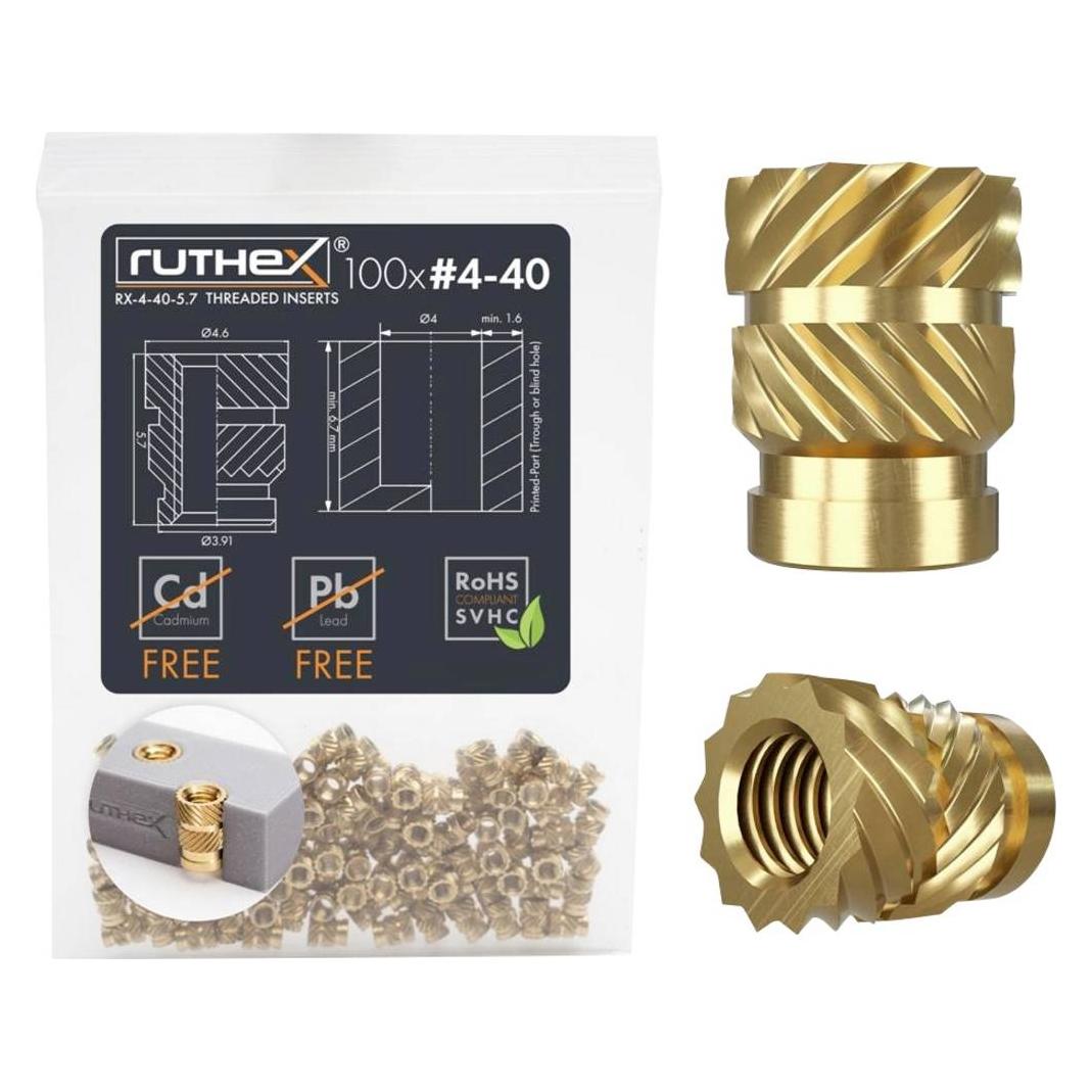 Ruthex #4-40 Gewindeeinsatz Zoll (UNC) - 100 Stück RX-4-40x5.7 Gewindebuchsen aus Messing (GE-4-40x57-001)