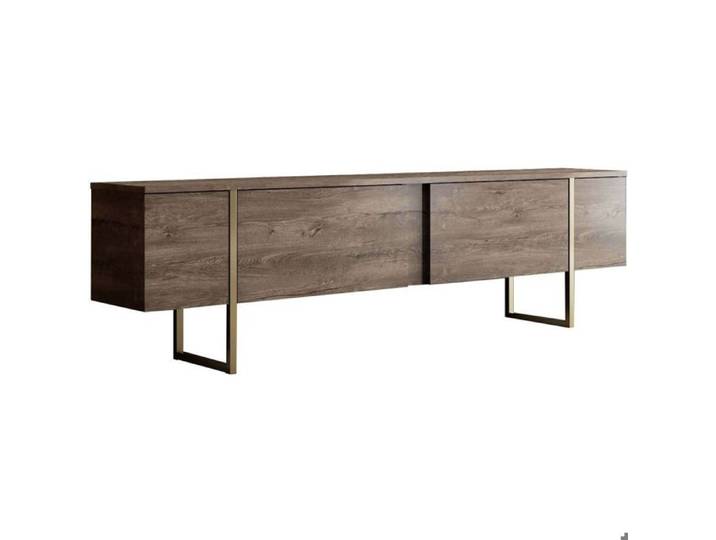CALICOSY - Meuble TV 2 portes rabattables L180 cm - LUXE - Noyer/ Or