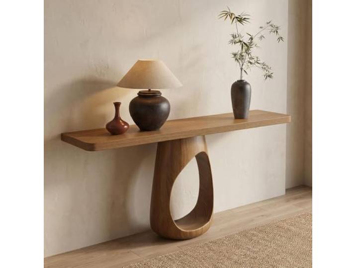 Rustikaler Massivholz Konsolentisch für den Flur, Schmaler Akzent-Sofatisch Skulpturaler, Organischer Holztisch als Eingangstisch, Moderner Beistelltisch hinter der Couch(L60cm/23.6in)