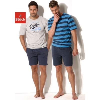 Pyjama H.I.S, Herren, Gr. 48/50 (M), blau (marine, grau, meliert, marine, aquablau), Jersey, Obermaterial: 100% Baumwolle, bedruckt, gestreift, Basic, bequem kurz, Rundhals, abgesteppte Kante, Homewear-Sets Pyjama, Schlafanzug mit unterschiedlichem...