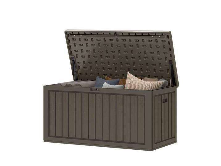 BALCONERA Coffre de jardin Coffre de rangement - 303L Coffre exterieur- Couvercle Verrouillable - Poignées Latérales - Marron Clair