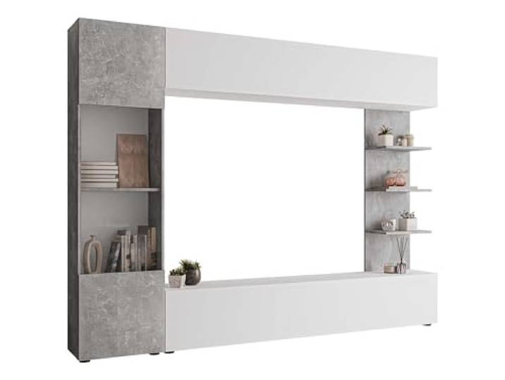 Mirjan24 Wohnwand Lazando, 4-teilig, ohne LED (Weiß/Beton) Anbauwand mit Hängeschrank, Vitrine, TV-Lowboard und Wandregal, 7 Fächern und grifflosen Fronten, B/H/T: 250/187/30 cm