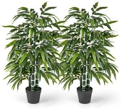 Costway 2 Pack Fake Bamboo Leave Tree with 3 PE Bamboo Trunk-Green