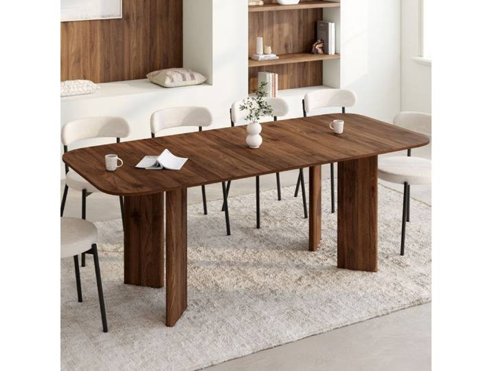 Table à manger extensible rectangulaire arrondie CAPUCINE 6-10 personnes 4 pieds design arrondi noyer 160-200 cm