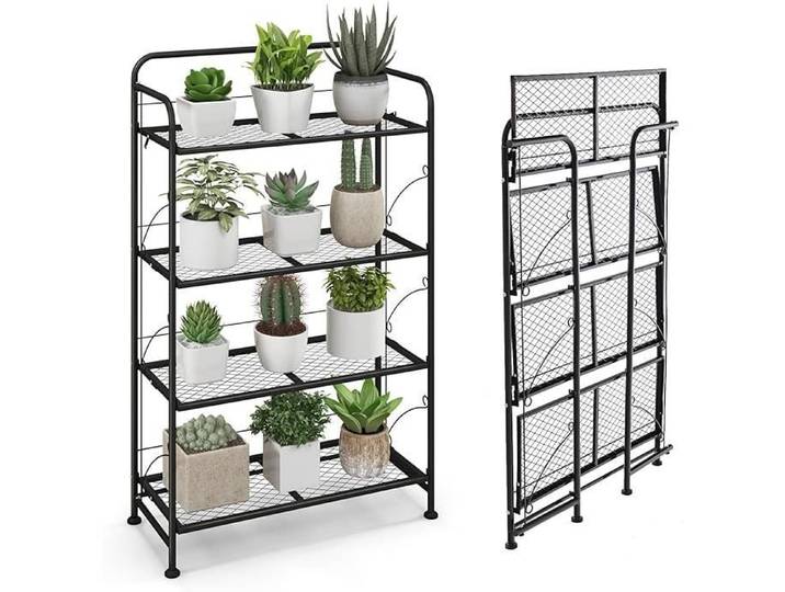 GOPLUS Support de Fleurs à 4 Couches en Métal Étagère de Plantes Pliante avec Tablettes Réglables & Pieds Réglables