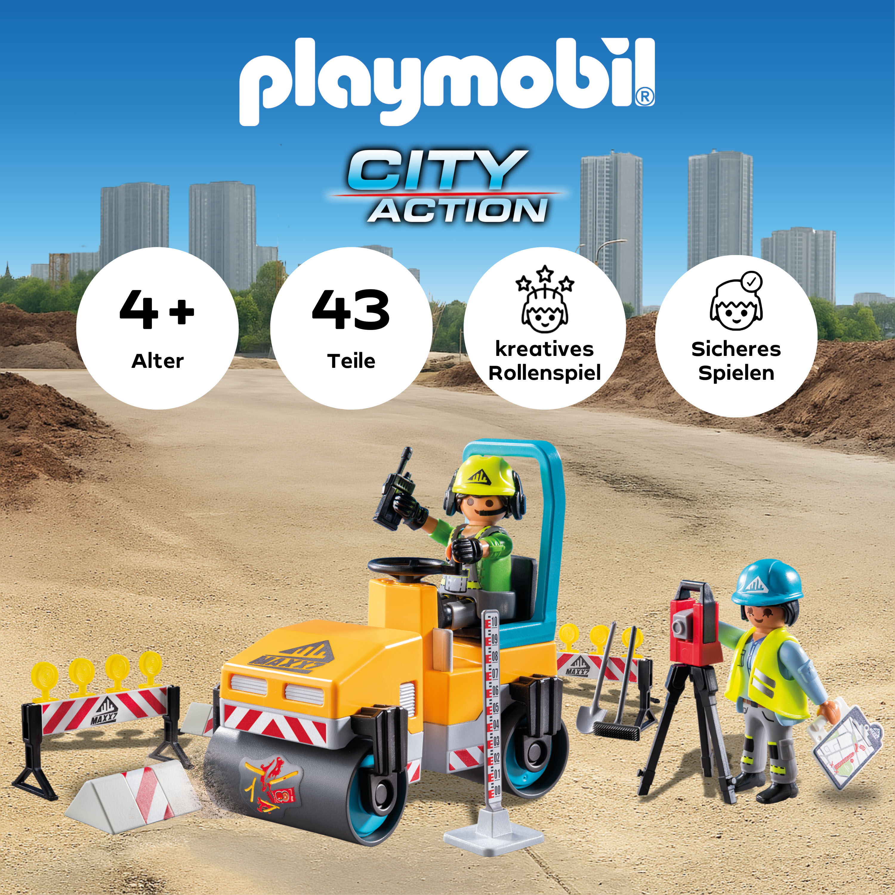 Konstruktions-Spielset PLAYMOBIL "Straßenbaustelle (71751), Playmobil Action Heroes", bunt, Spielbausteine, Kinder, Kunststoff, Konstruktions-Spielset