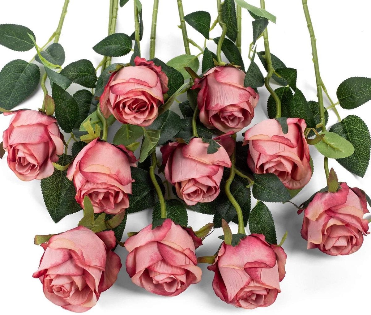 Set van 10 kunstmatige rozerode zijden rozen met lange flexibele stelen voor bruiloftdecoratie