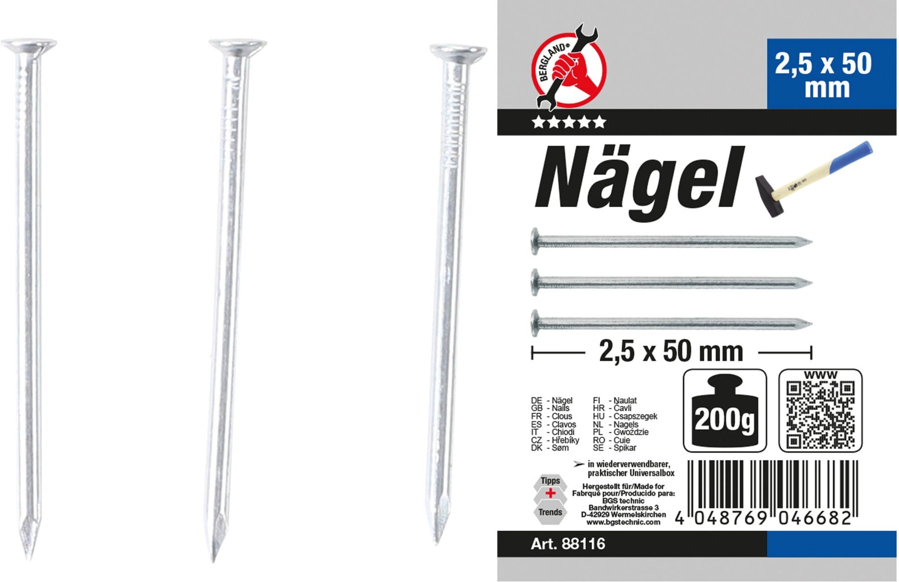 BGS Do it yourself Nägel-Sortiment 88116, 200 g, 2,5 x 50 mm)