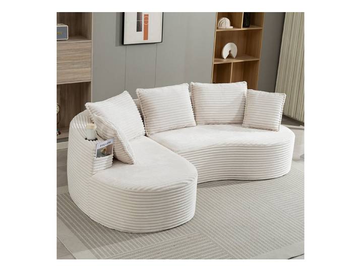 Celya Sofa Bogesofa Cord mit Becherhalter und Stauraum, mit Becherhalter und Stautasche. Inkl. Kissen