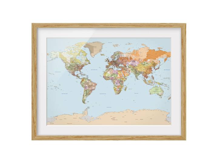 home24 Afbeelding Politieke Wereldkaart IV deels massief eikenhout, onbehandeld meerdere kleuren 40 x 30cm