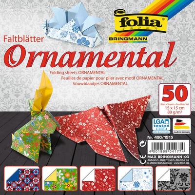 Folia Faltblätter ORNAMENTAL 80g/m², 15x15cm, 50 Blatt, 5 Motive sortiert