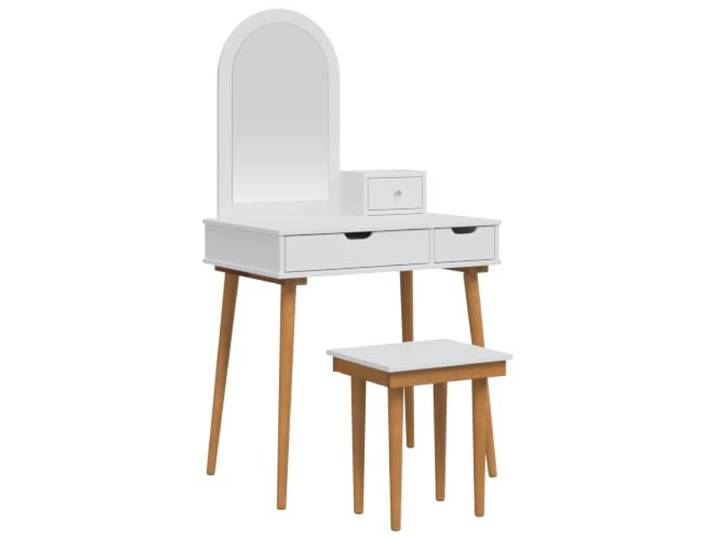 Xhnifbn Schminktisch-Set FAUSKE 4 Stk. Weiß mit Spiegel 76x50x143cm Moderne Frisiertisch-Kombination fürs Schlafzimmer mit Spiegel, Hocker, 3 Schubladen und Beinen aus Kiefernholz.