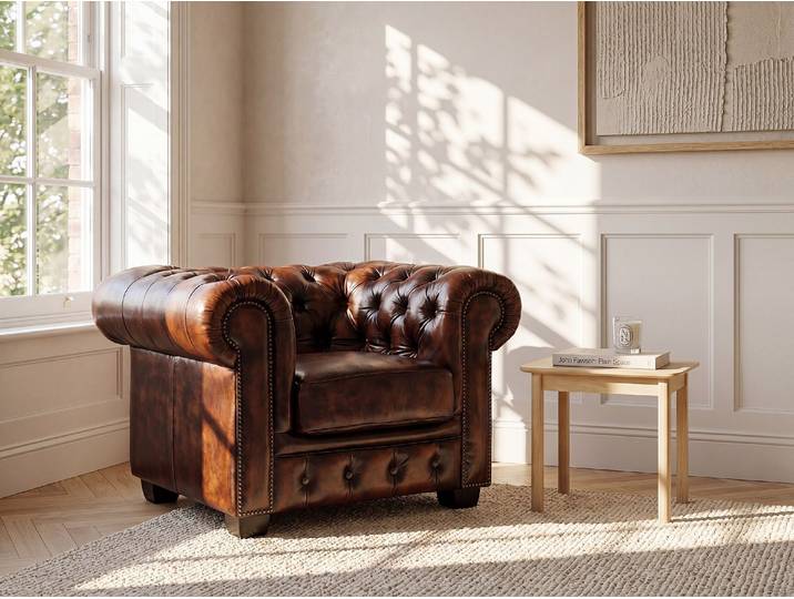 Chesterfield Ledersessel - Büffelleder - Braun - BRENTON - 100% vollnarbig, Vintage-Look, hohe Sitzkomfort