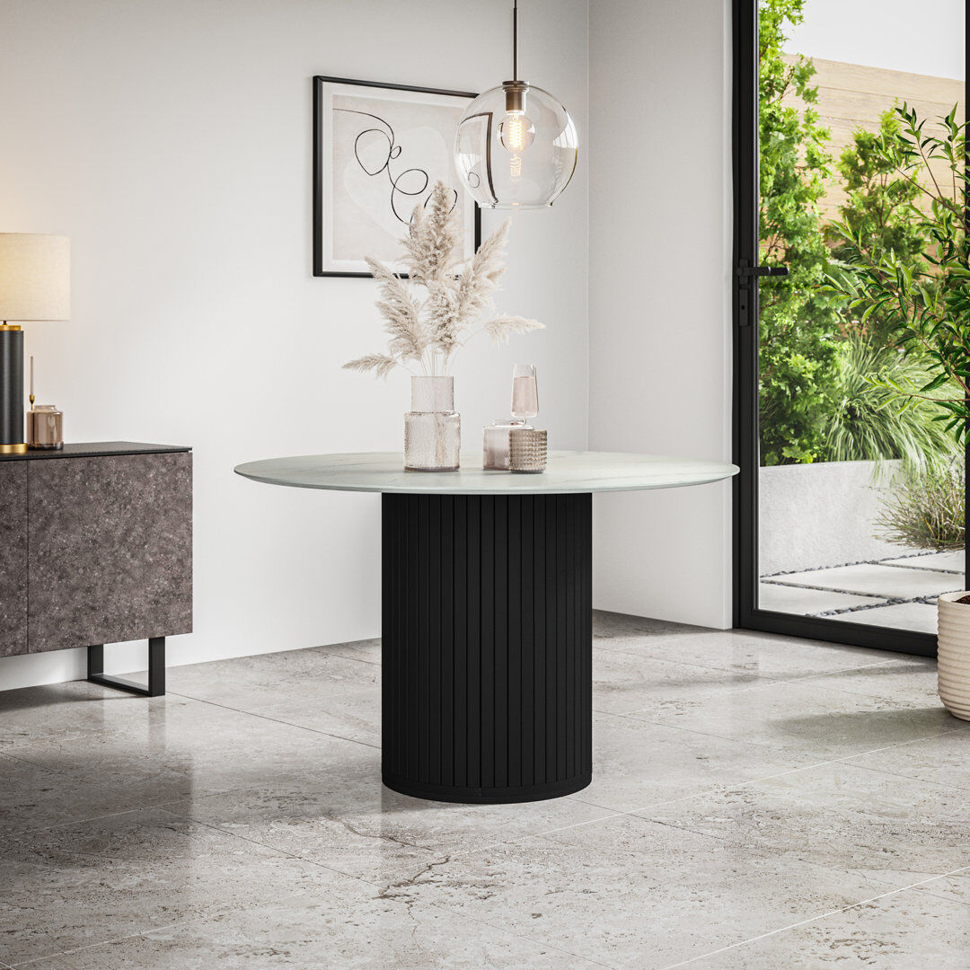 Brayden Studio Arlo 120cm Round White Marble Dining Table White Marble/Black