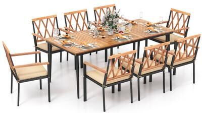 Costway 9 Pieces Patio Dining Set with 1.9 Inch Umbrella Hole and Seat Cushions