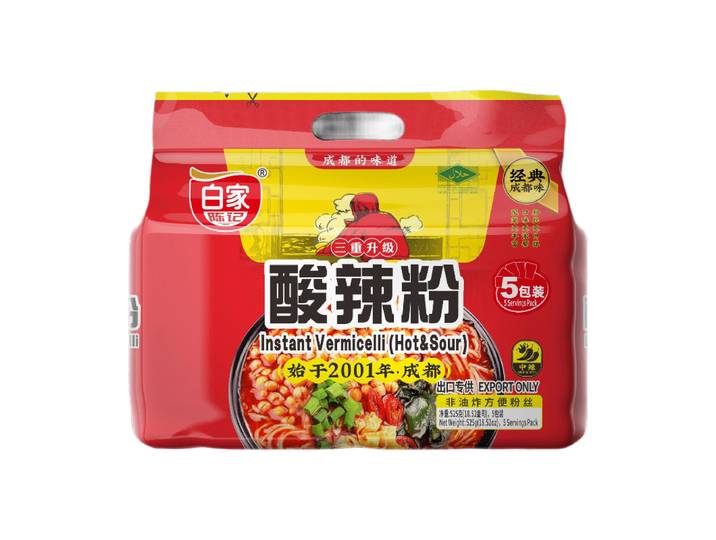 Bai Jia instant vermicelli-noedels, zuur en pittig, 525 g (verpakking van 5)