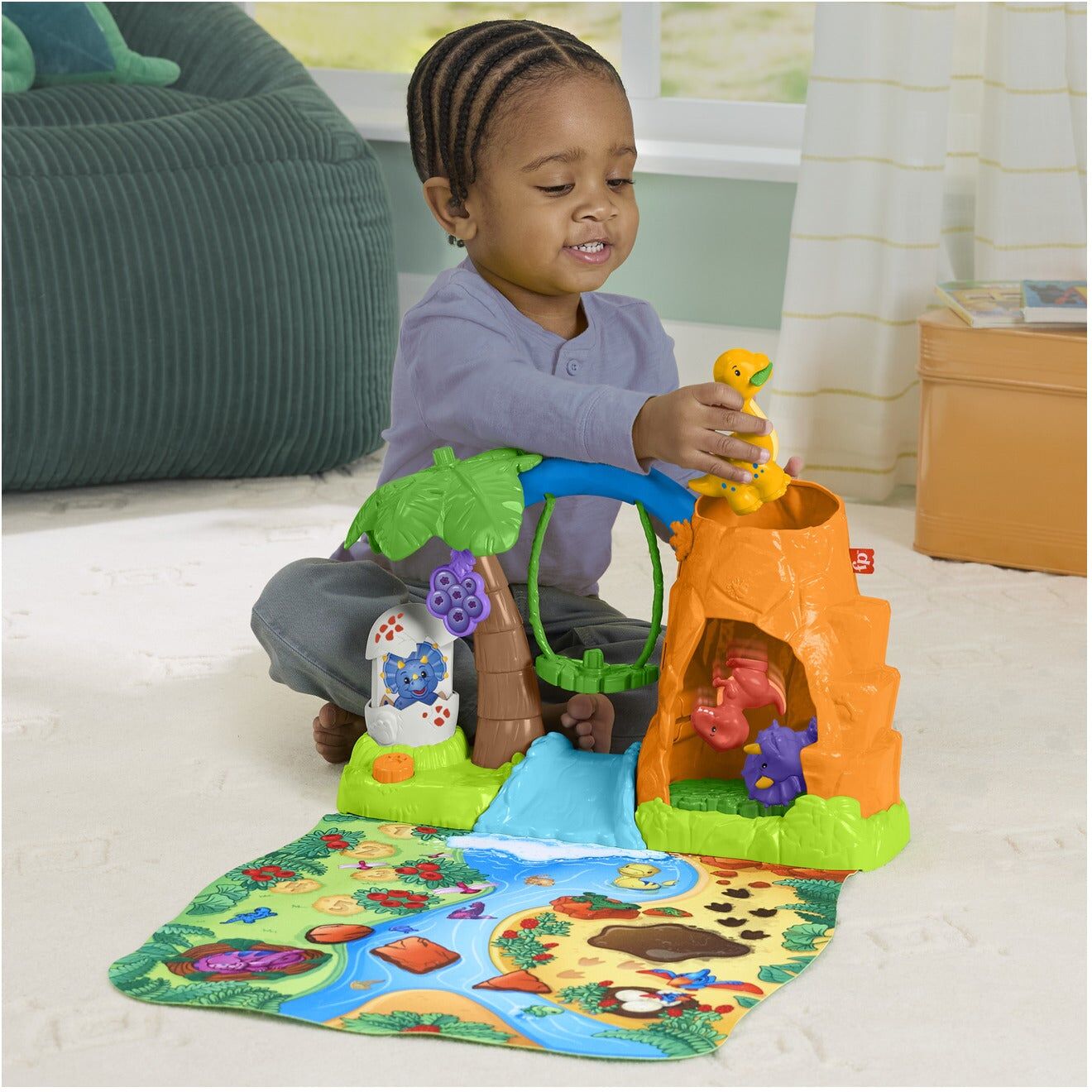 Fisher-Price Little People Dinosaur Village Play Mat Playset for Toddlers with 3 Dinosaur Figures and Waterfall Slide