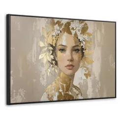 LEINWAND Bilder mit Rahmen - Gesicht - Frau - Blätter - Gold - 120x80