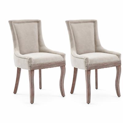 Merax Polsterstuhl 2er Set, Esszimmerstuhl Stoff, Beige Polyester + naturfarbene Gummibaumholz-Beine, mit Bronzenietenverzierung