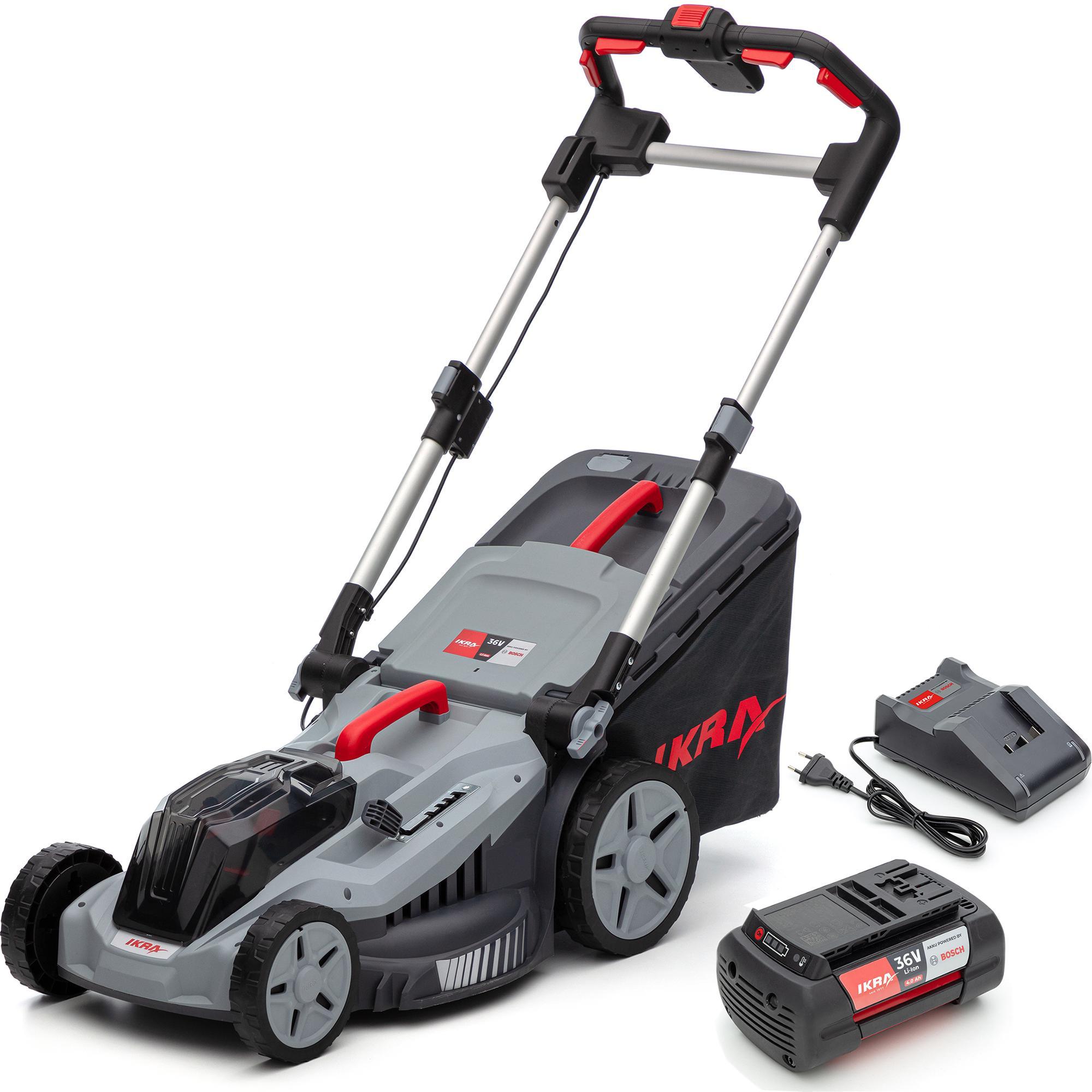 IKRA Akku Rasenmäher IB-LM 43 | 36V Bosch System | 43 cm Schnittbreite | 5 Schnitthöhen 30-75 mm | Mulchkit | 52l Fangkorb | mit Akku (4,0 Ah) & Lader