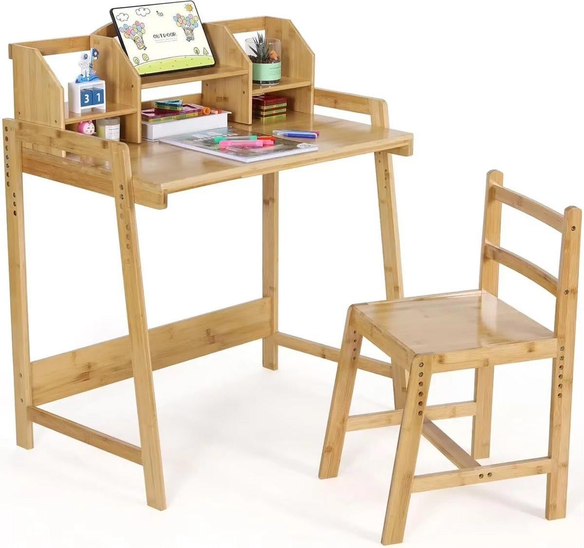 Bolt Edge Kinderschrijftafelset met stoel van bamboe, verstelbare hoogte, B/D/H: 80 x 50 x 95 cm