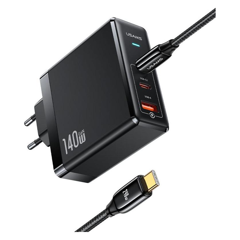 Usams US-UM Fast Charger Kit--UM Series (US-CC168 EU T52 140W ACC GaN Fast Charger+US-SJ581 U82 Type-C To (140 W, 3 Ports) (UMXLOGTC01)