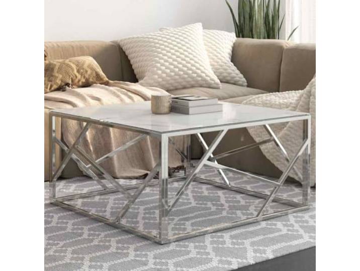 HEFZGDB Couchtisch Silbern Edelstahl und Hartglas mit Marmor-Optik Platte Robuster Akzenttisch Moderner Sofatisch Stabiles Gestell Schmutzabweisend Pflegeleicht